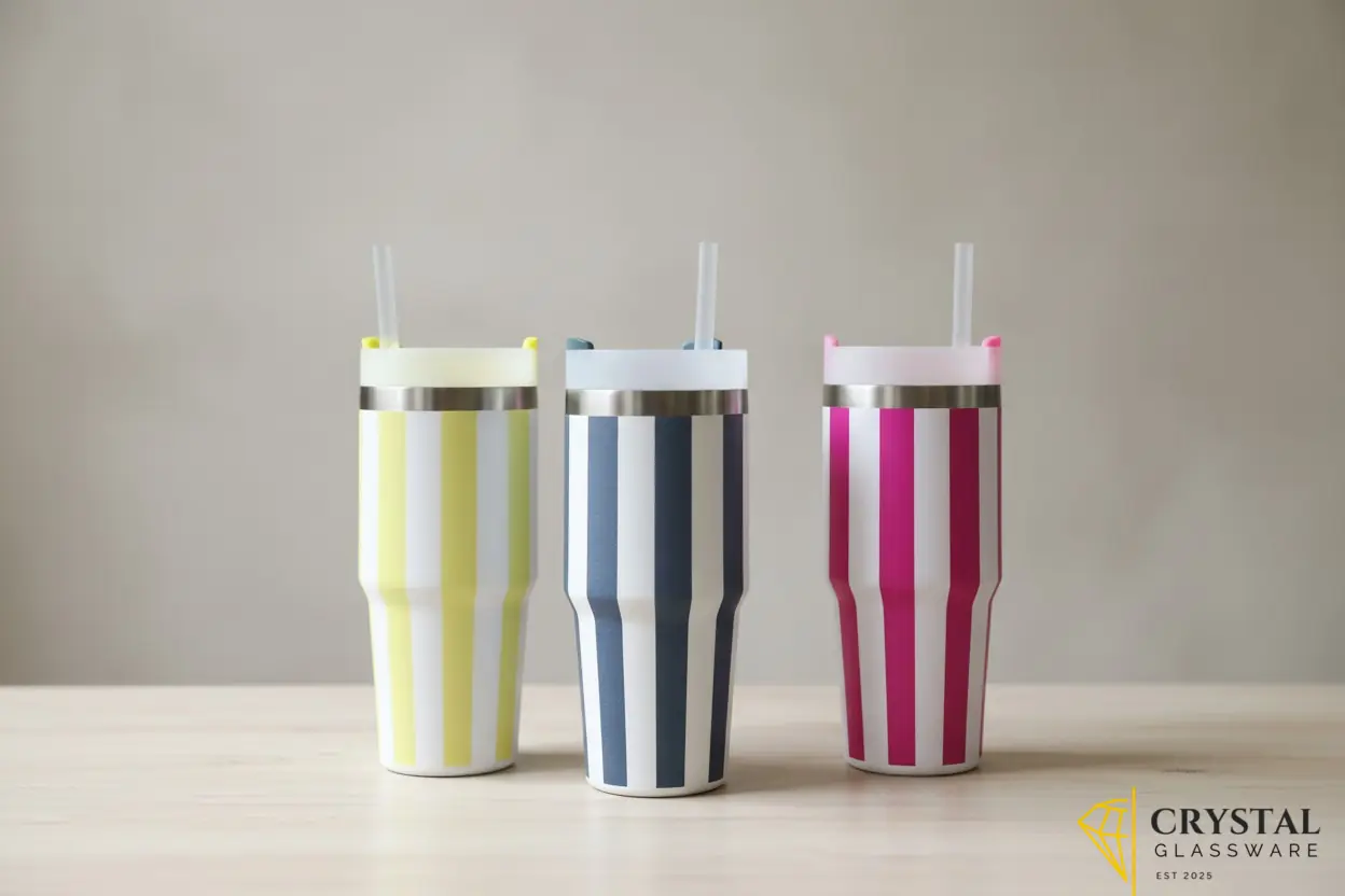 Pastel striped stainless steel vacuum tumblers with matching lids straws — Crystal Glassware Pakistan